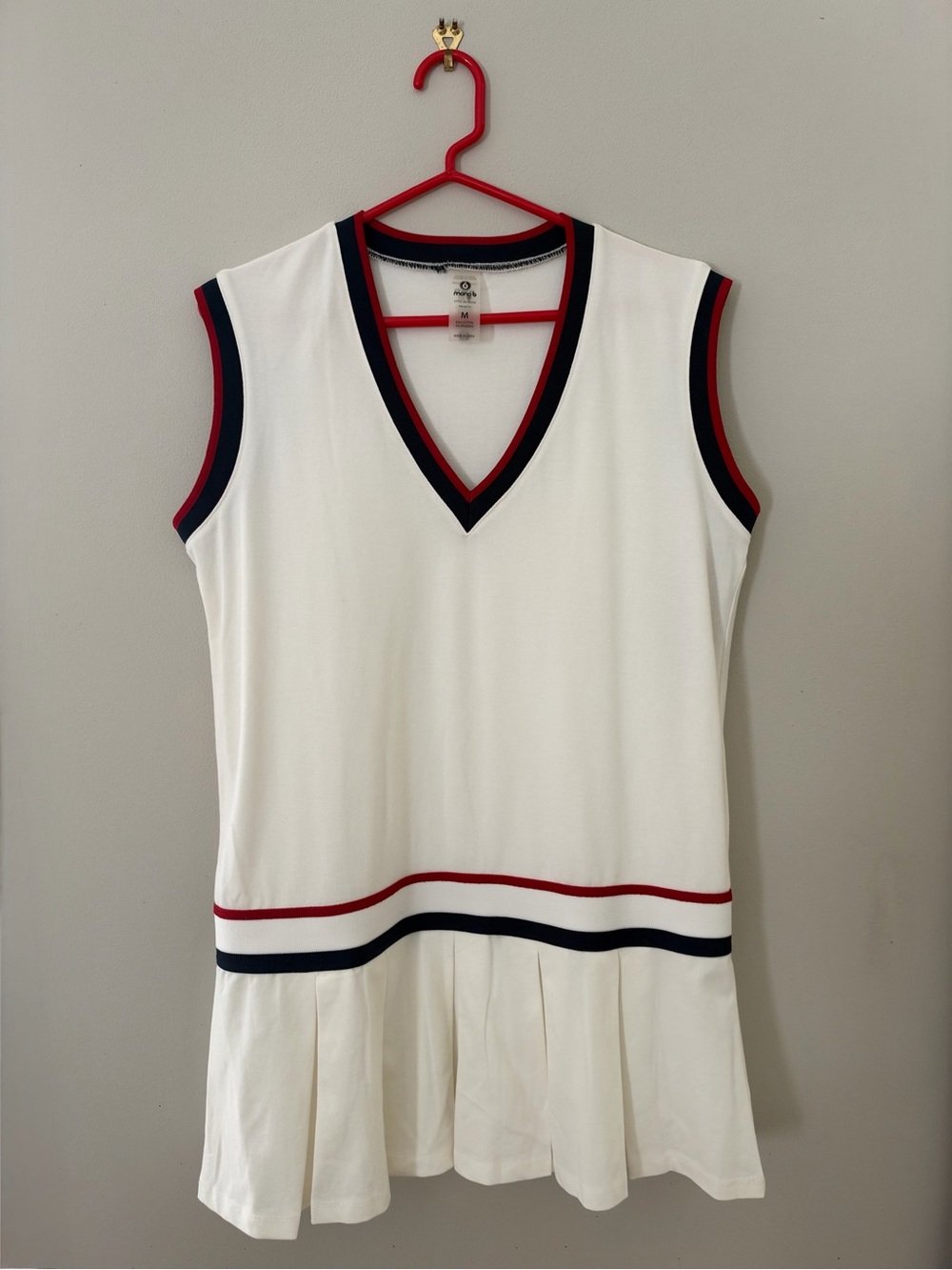NEW “Mono B” Sleeveless White V-Neck Tennis Dress with Navy & Red Trim